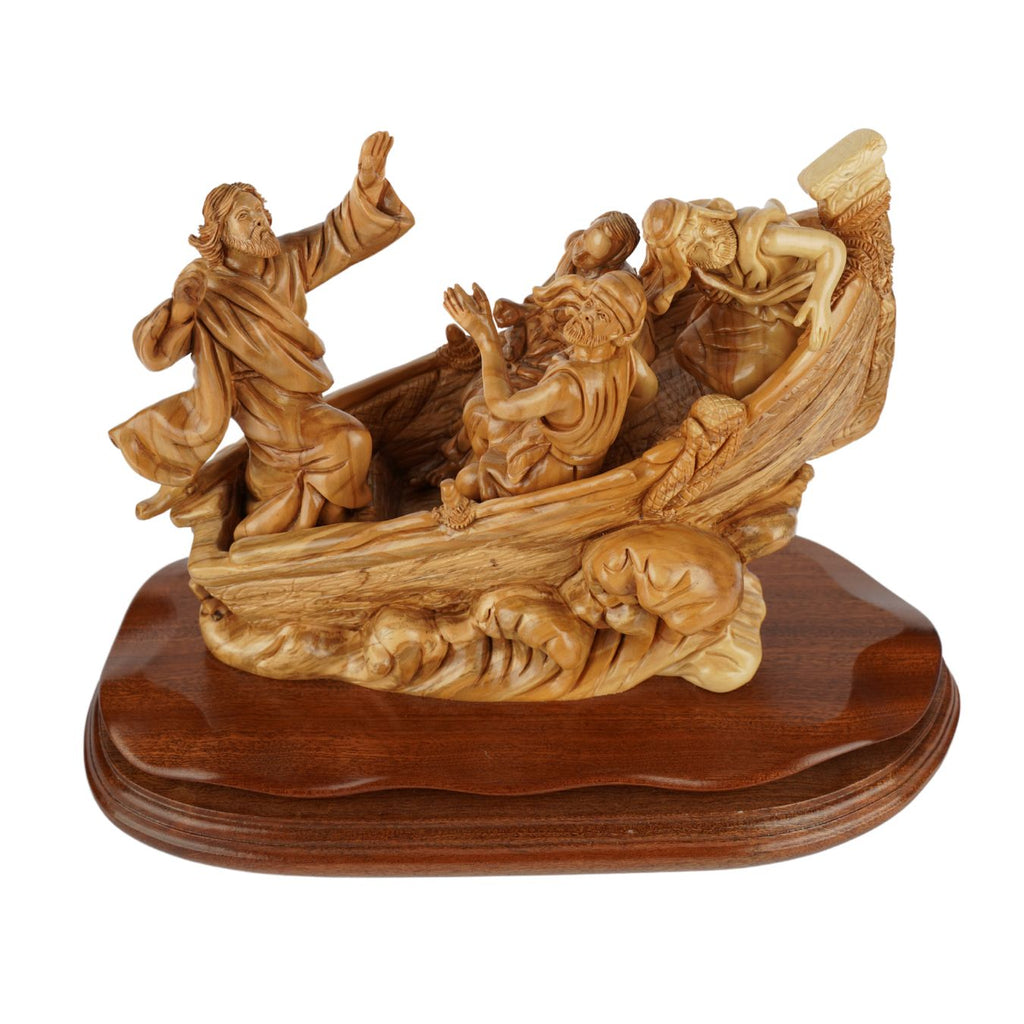 Handgeschnitzte Bootsszene „Jesus stillt den Sturm“ – Exklusive Olivenholzskulptur aus Bethlehem (36 cm)
