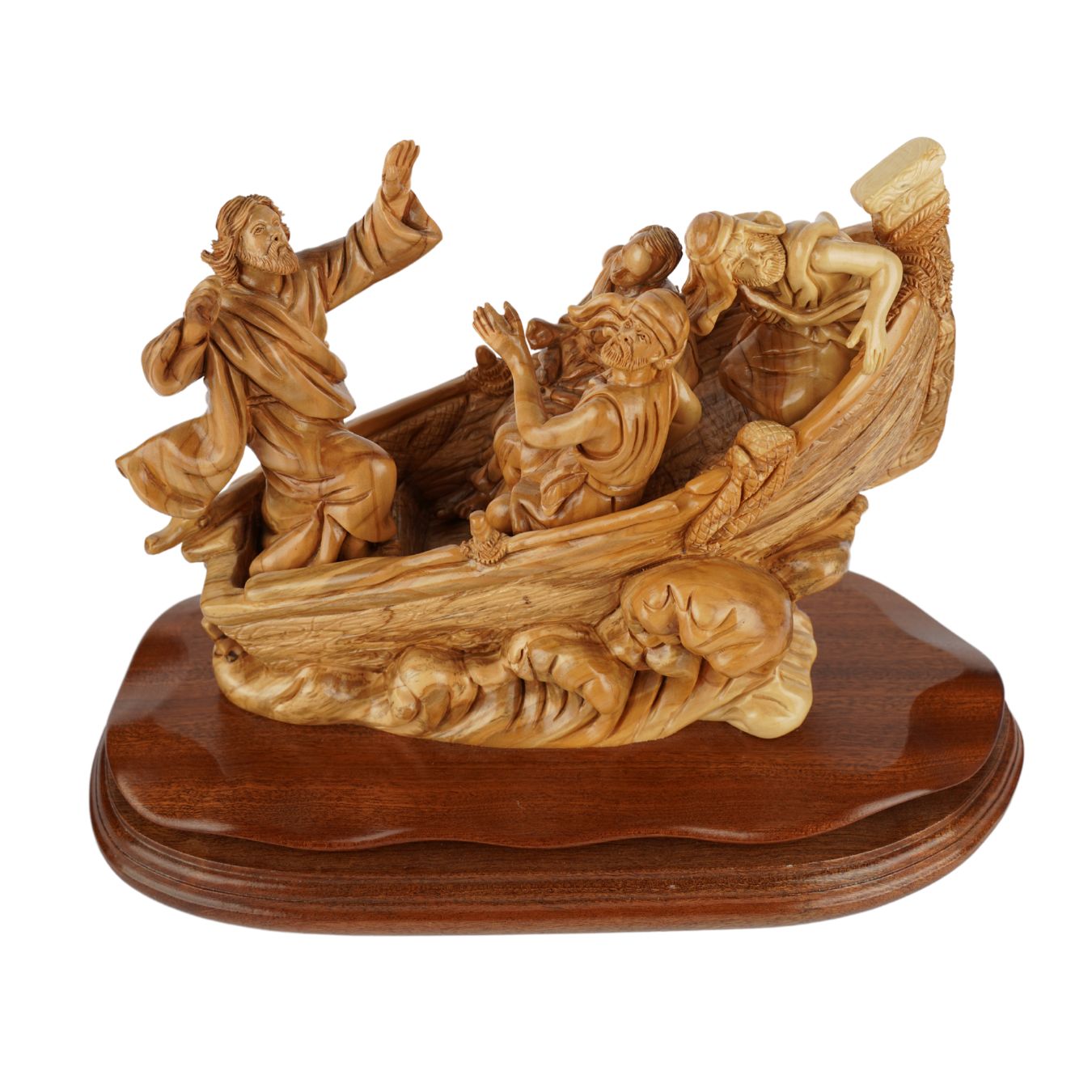 Handgeschnitzte Bootsszene „Jesus stillt den Sturm“ – Exklusive Olivenholzskulptur aus Bethlehem (36 cm)