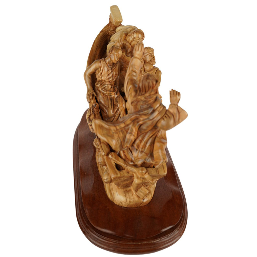 Handgeschnitzte Bootsszene „Jesus stillt den Sturm“ – Exklusive Olivenholzskulptur aus Bethlehem (36 cm)
