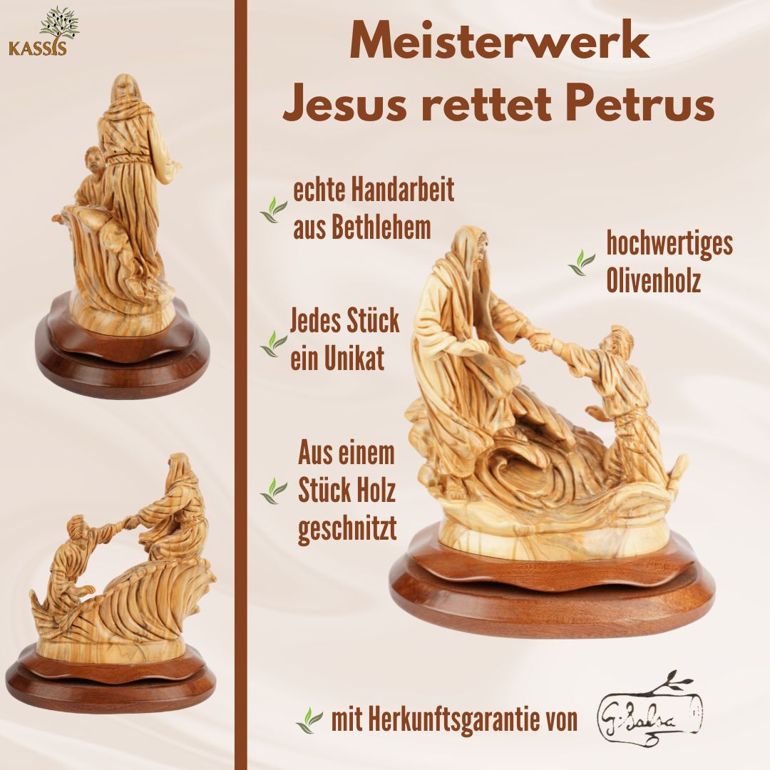 Handgeschnitzte Szene „Jesus rettet Petrus“ – Exklusive Olivenholzskulptur aus Bethlehem (23 cm)