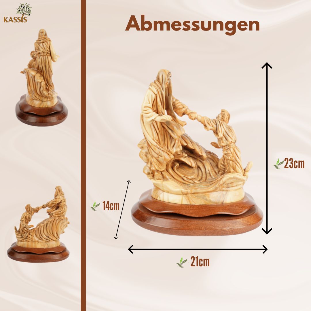 Handgeschnitzte Szene „Jesus rettet Petrus“ – Exklusive Olivenholzskulptur aus Bethlehem (23 cm)
