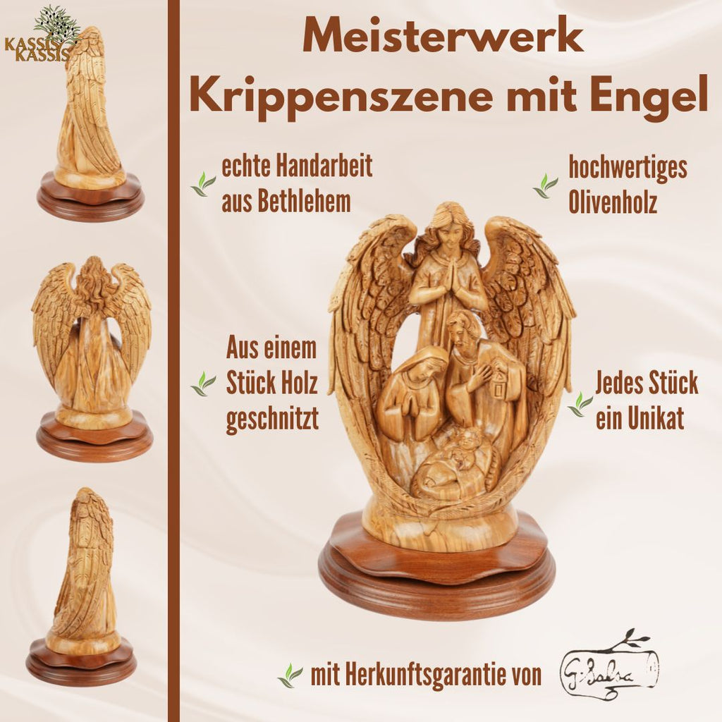Handgeschnitzte Krippenszene mit Engel – Olivenholzskulptur aus Bethlehem (30 cm)