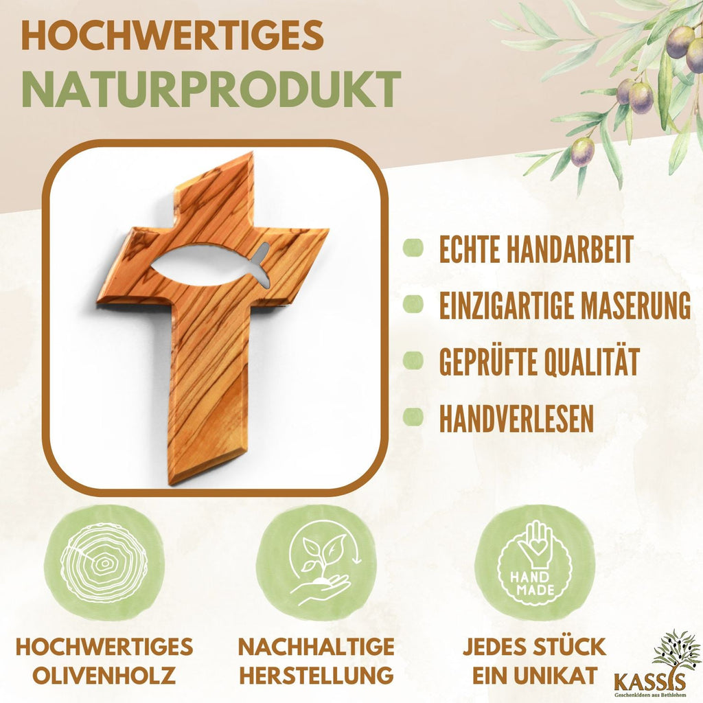 Olivenholz Wandkreuz mit Fisch
