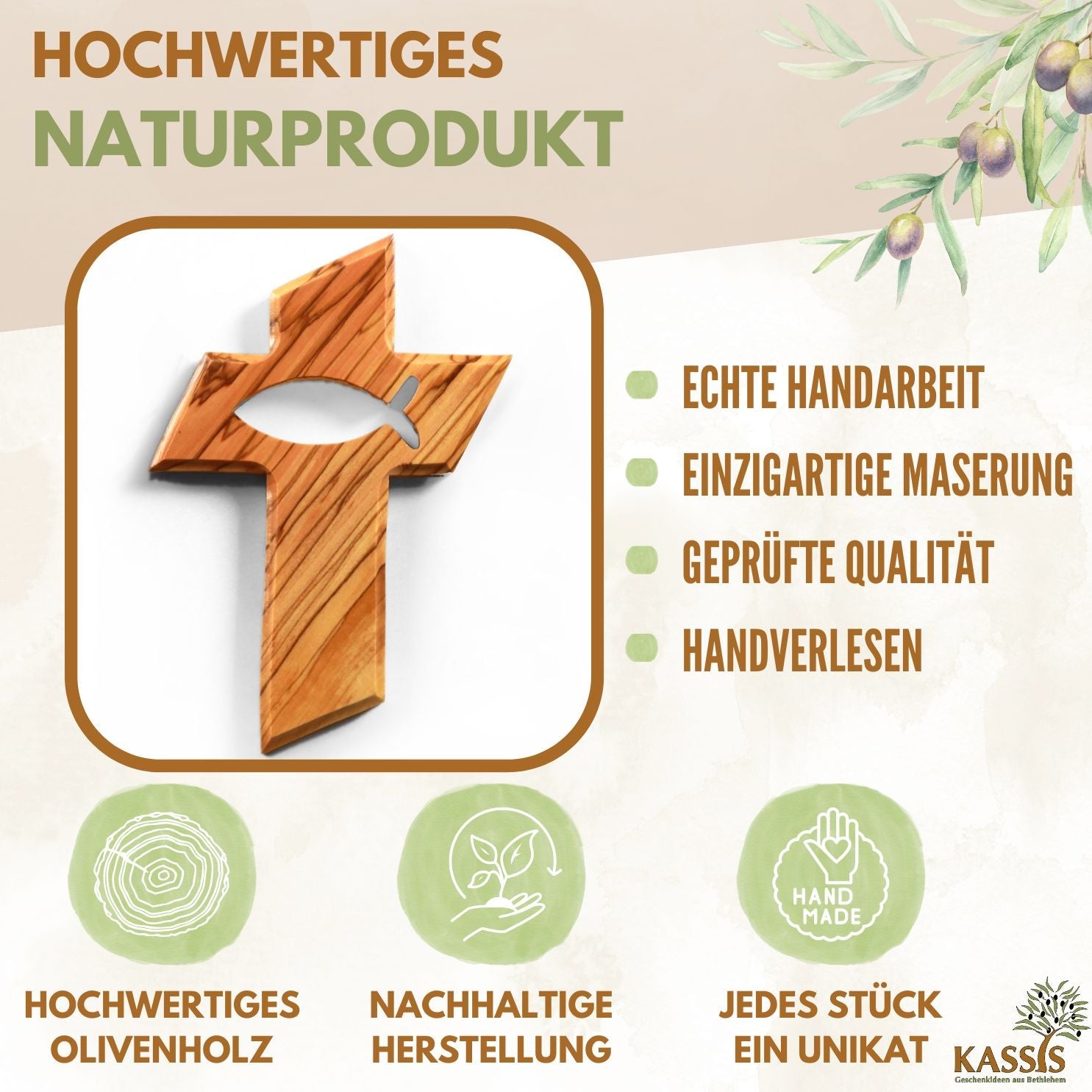 Olivenholz Wandkreuz mit Fisch