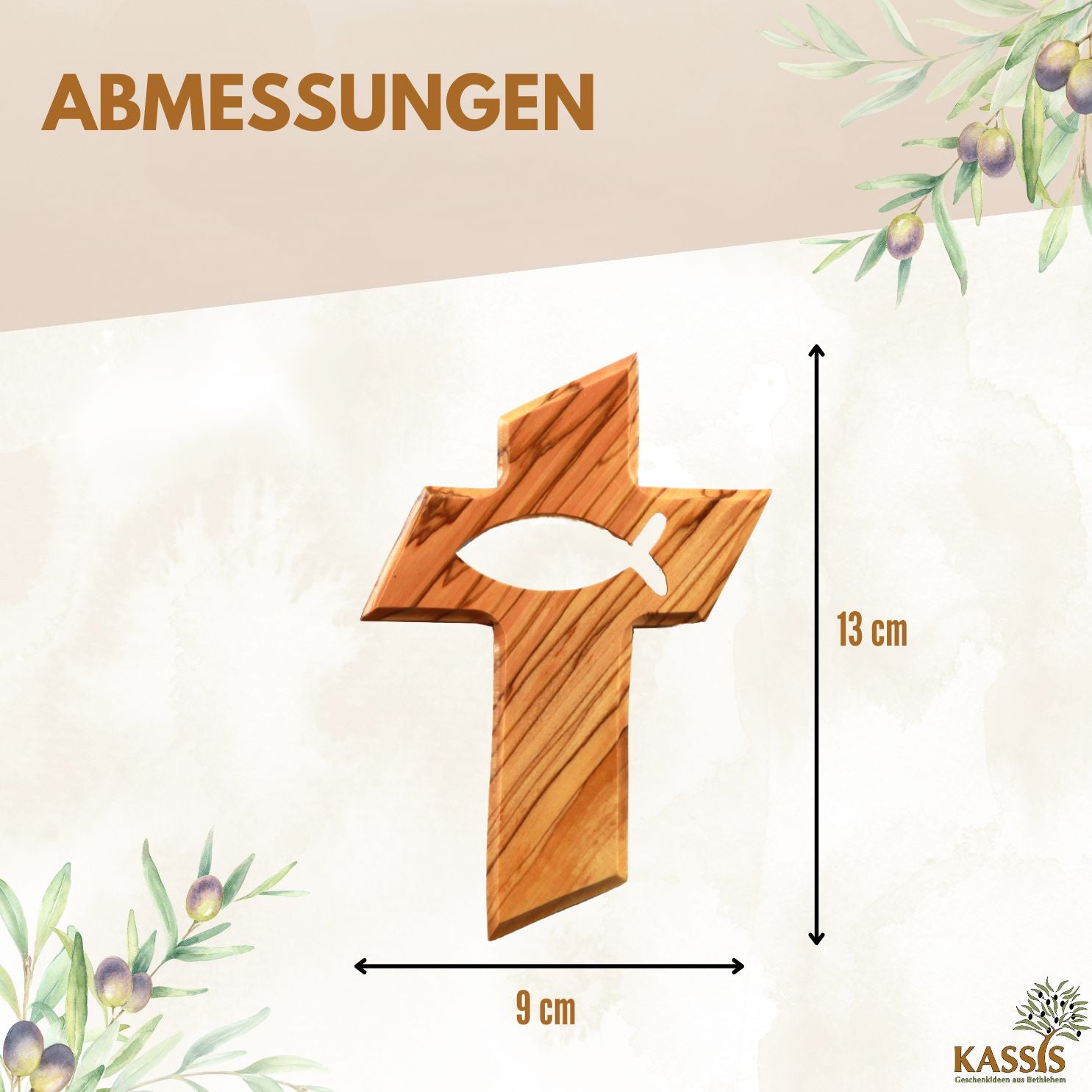 Olivenholz Wandkreuz mit Fisch