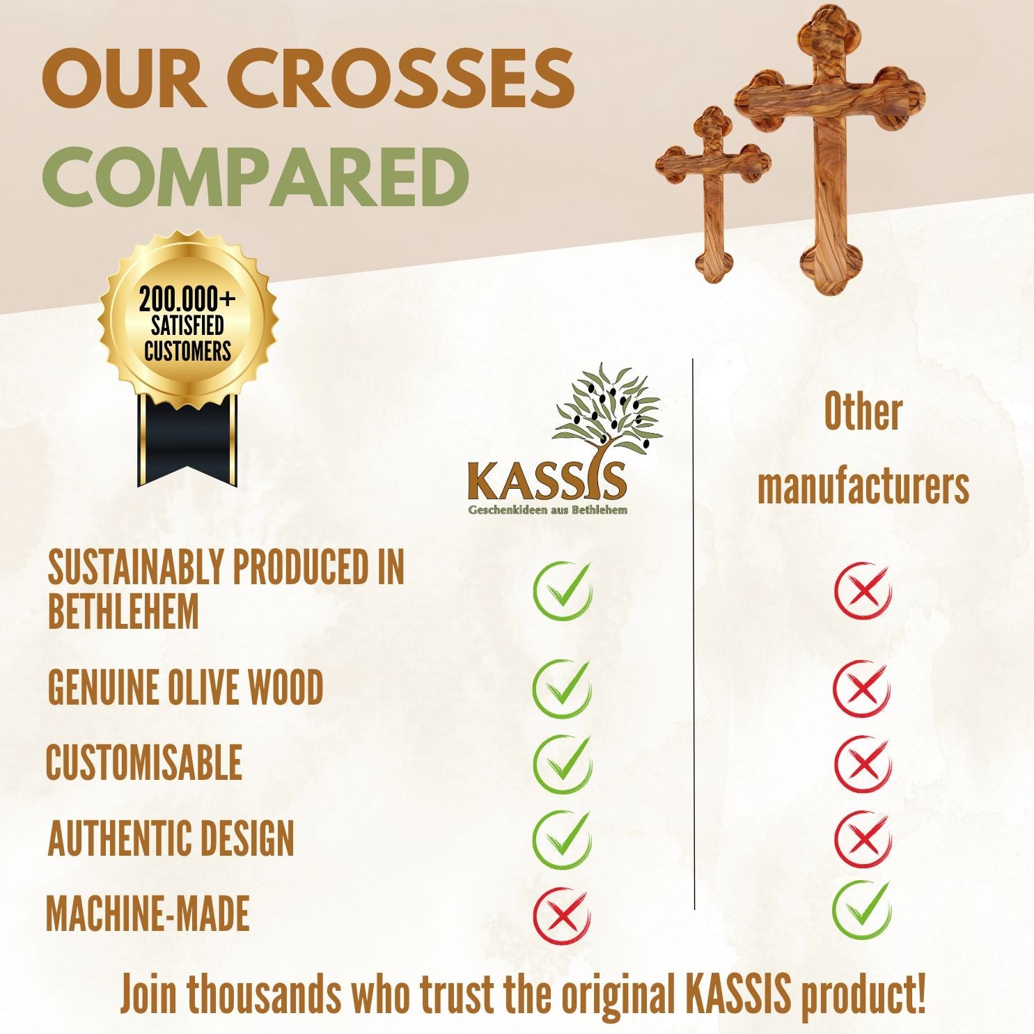 Olivenholz Kreuz mit runden Kanten