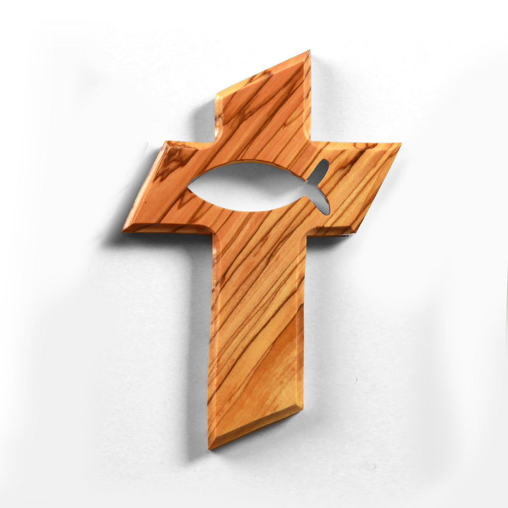 Olivenholz Wandkreuz mit Fisch